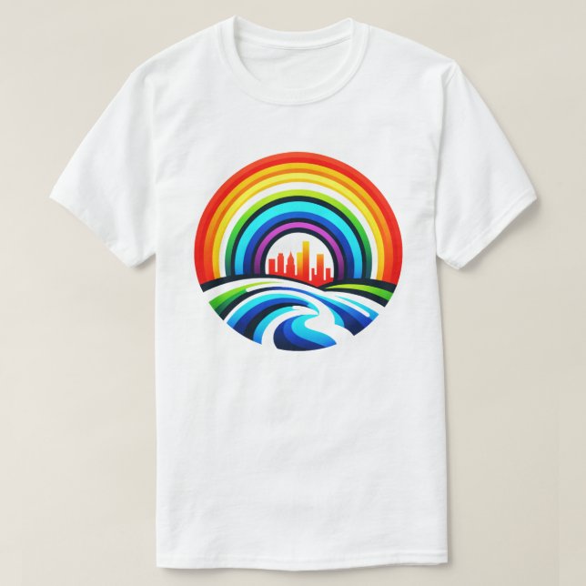 Rainbow City Skyline Urban Diversity & Hope Design T-Shirt (Design Front)