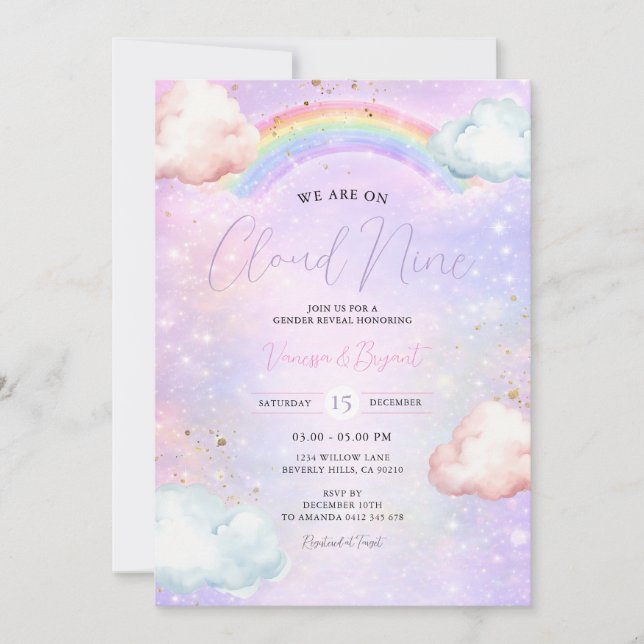 Rainbow Cloud Blush Gender Reveal Glitter Invitation (Front)