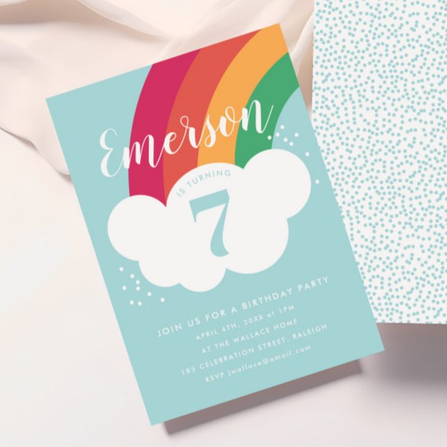 Rainbow cloud children birthday party invitation (Kids Rainbow Birthday Party Invitations.)