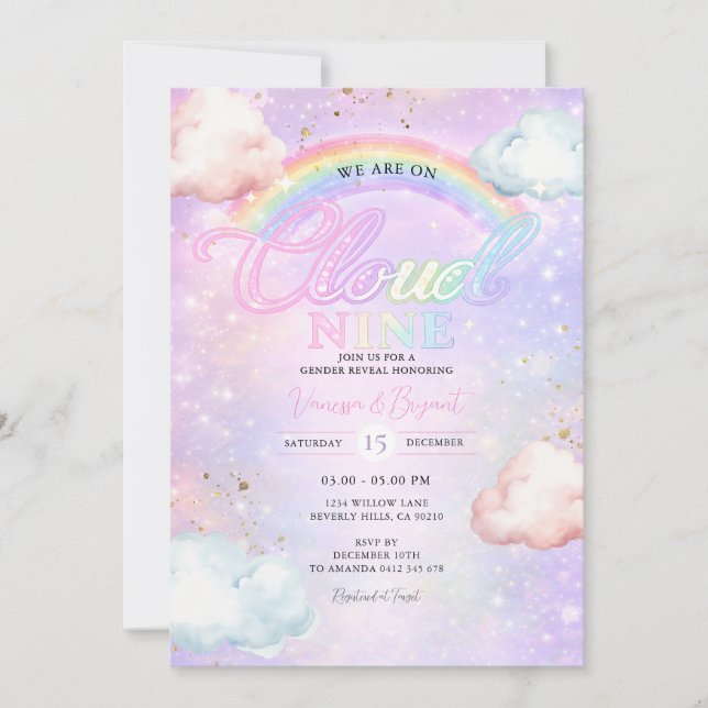 Rainbow Cloud Galaxy Glitter Gender Reveal  Invitation (Front)