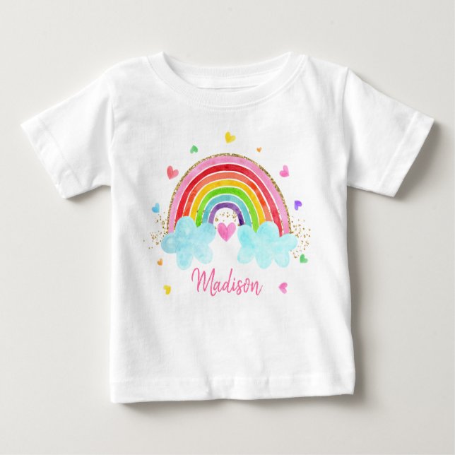 Rainbow Cloud Hearts Pink Gold Birthday Baby T-Shirt (Front)