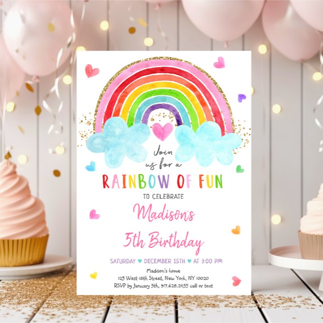 Rainbow Cloud Hearts Pink Gold Birthday Invitation (Creator Uploaded)