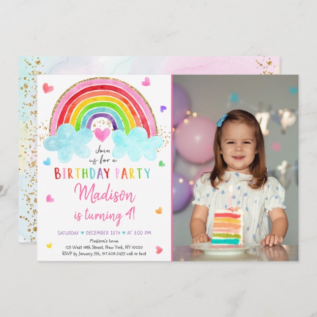 Rainbow Cloud Hearts Watercolor Birthday Invitation (Front/Back)