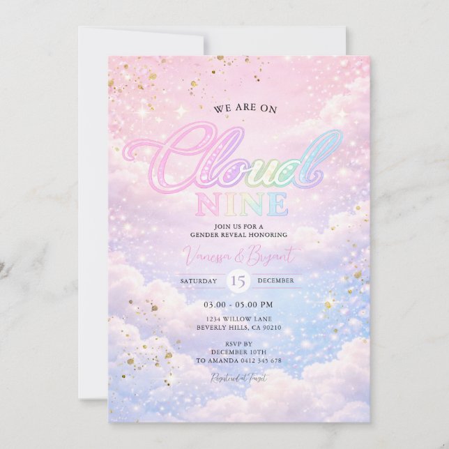 Rainbow Cloud Nine Sky Glitter Gender Reveal  Invitation (Front)