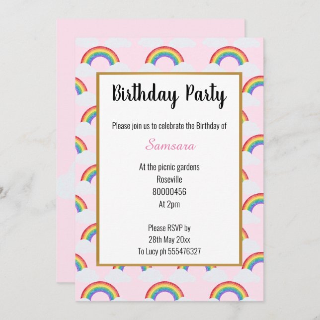 RAINBOW CLOUD PINK MULTIPLE  Birthday Invitation (Front/Back)