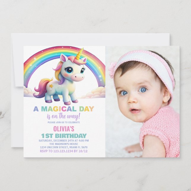 Rainbow Cloud Unicorn Birthday Invitations photo (Front)
