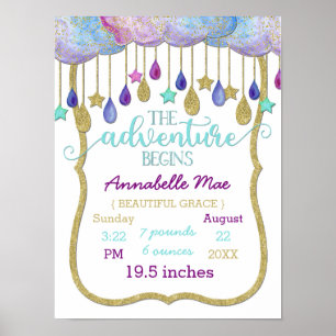 Rainbow Clouds Adventure Baby Girl Birth Stats Poster