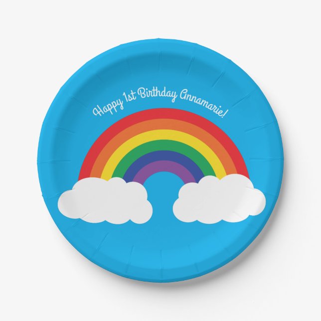 Rainbow & Clouds Cute 1st Birthday Party Paper Plate (Front)