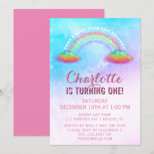 Rainbow Clouds Girls 1st Birthday Party Invitation