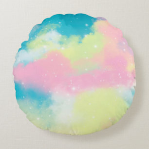 Rainbow clouds glitter sparkle stars round cushion
