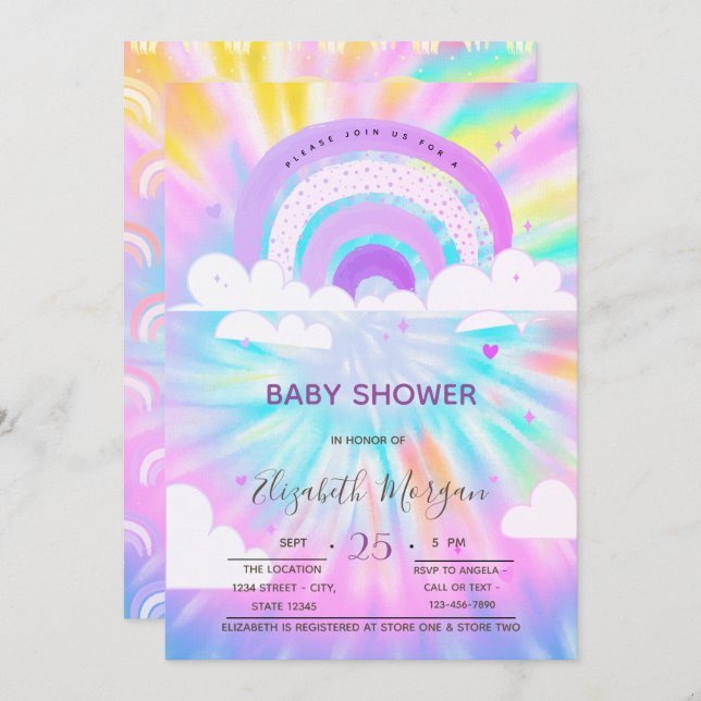 Rainbow Clouds Hearts Tie Dye Baby Shower Invitation (Front/Back)