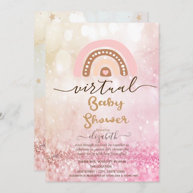 Rainbow,Clouds Stars Bokeh Virtual Baby Shower Invitation (Front/Back)