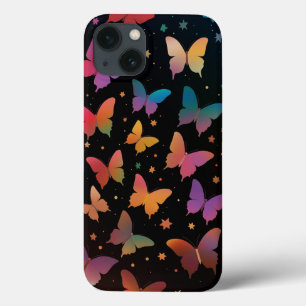 Rainbow Colored Butterflies Galaxy Stars on Black iPhone 13 Case