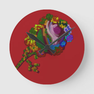 Rainbow Colored Floral Round Clock