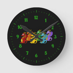 Rainbow colorful dragons cartoon  round clock