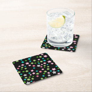 Rainbow Colorful Stars Black Starry Night Square Paper Coaster