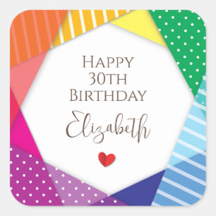 Rainbow Colors Festival Themed Happy 30th Birthday Square Sticker