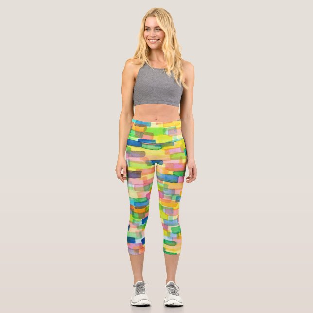 Rainbow colour box brick pattern capri leggings (Front)