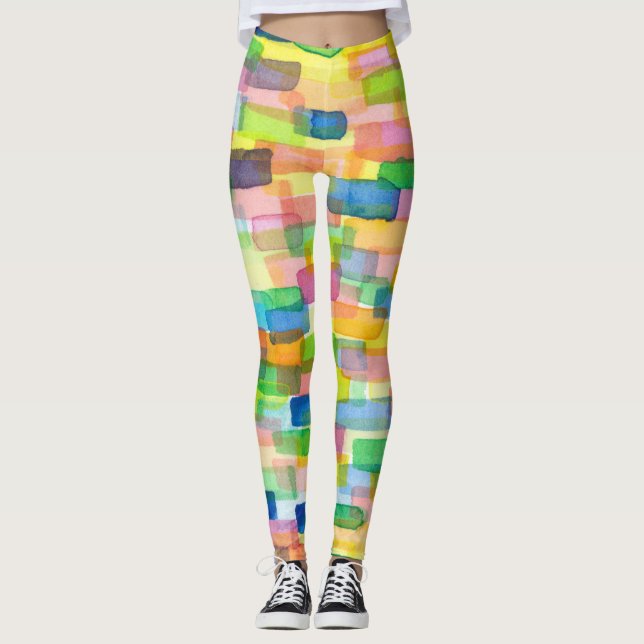 Rainbow colour box brick pattern leggings (Front)