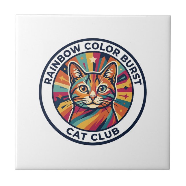 Rainbow Colour Burst Cat Cute Kitty Design - Rainb Ceramic Tile (Front)