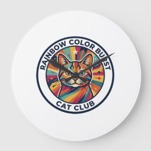Rainbow Colour Burst Cat Cute Kitty Design - Rainb Large Clock