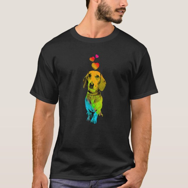 Rainbow Colour Dachshund Dog with Hearts Colourful T-Shirt (Front)