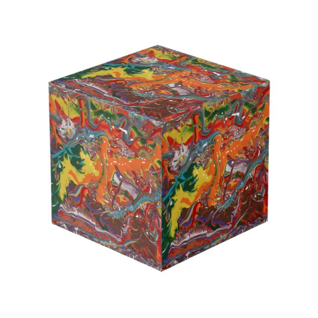 Rainbow Colour Flow Paint Art Cube (Front Angled)