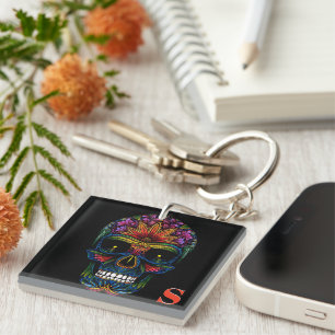 Rainbow Colour Mexican Sugar Skull Monogram Initia Key Ring