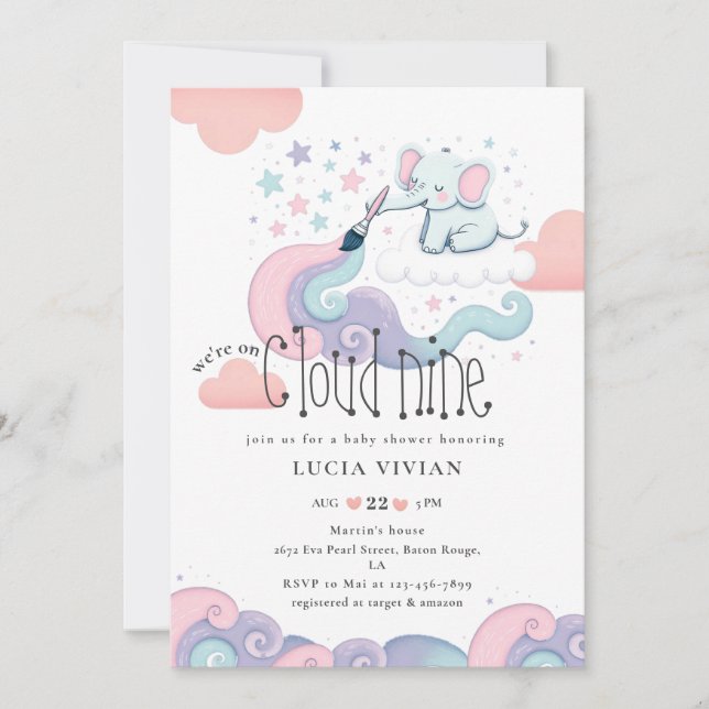 Rainbow Colour On Cloud 9 Elephant Girl Baby Showe Invitation (Front)