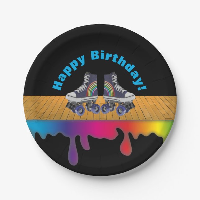 Rainbow Colour Paint  Roller Skating Birthday Paper Plate (Front)
