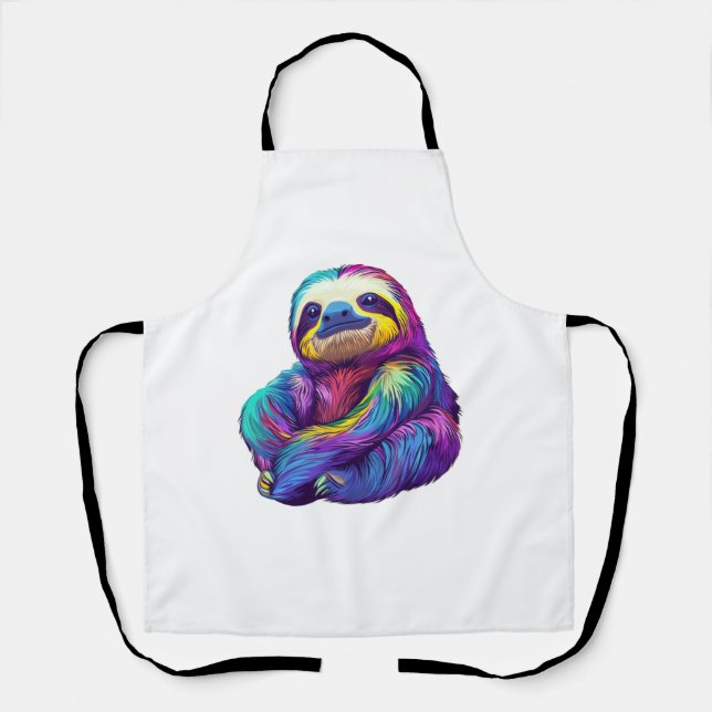 Rainbow Colour Sloth Art Long Sleeve T-Shirt Apron (Front)