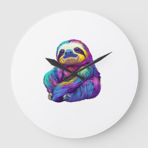 Rainbow Colour Sloth Art Long Sleeve T-Shirt Large Clock