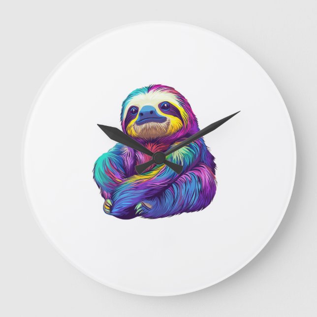 Rainbow Colour Sloth Art Long Sleeve T-Shirt Large Clock (Front)