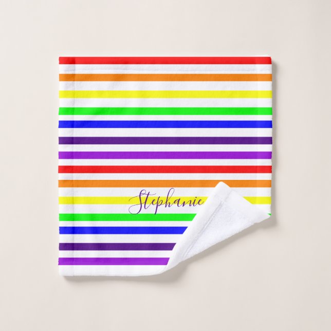 Rainbow Colour Stripes Lines Cute Monograms Name Wash Cloth (Wash Cloth)