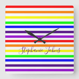 Rainbow Colour Stripes Lines Monogram Name Colourf Square Wall Clock