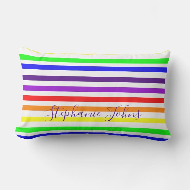 Rainbow Colour Stripes Lines Monograms Name Cute Lumbar Cushion (Front)