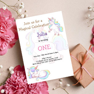 Rainbow colour Unicorn baby girl birthday  Invitation