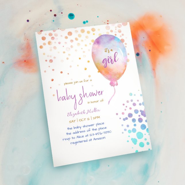 Rainbow Colour Watercolor Balloon Baby Girl Shower Invitation (Creator Uploaded)