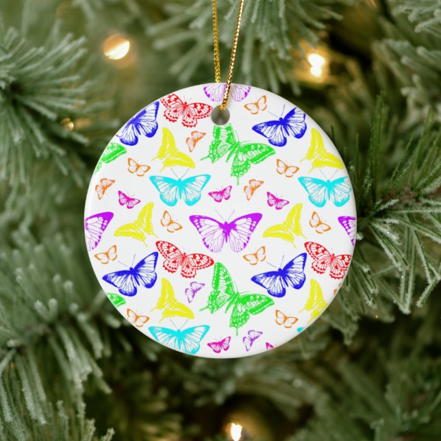 Rainbow Coloured Butterflies Flying Ceramic Ornament (Tree)