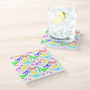 Rainbow Coloured Butterflies Flying Glass Coaster