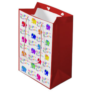 Rainbow Coloured Cartoon Elephants Happy Birthday Medium Gift Bag