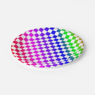 Rainbow Coloured Chequered Pattern Paper Plate