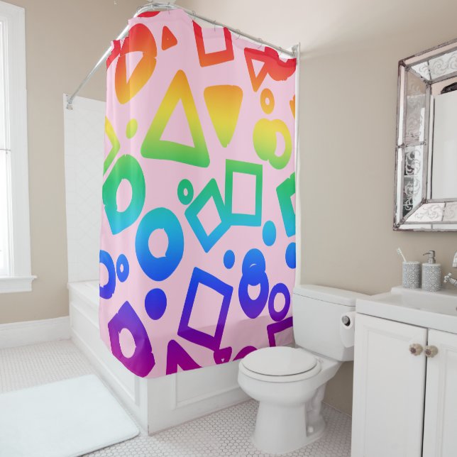 Rainbow coloured cubics pink background shower curtain (In Situ)