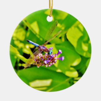 Rainbow coloured Dragonfly on a purple pink flowe Ceramic Tree Decoration
