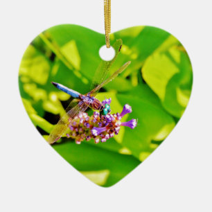 Rainbow coloured Dragonfly  on a purple pink flowe Ceramic Tree Decoration