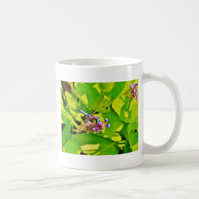 Rainbow coloured Dragonfly  on a purple pink flowe Coffee Mug (Right)