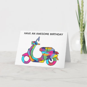Rainbow Coloured Electric Motor Scooter Birthday Card