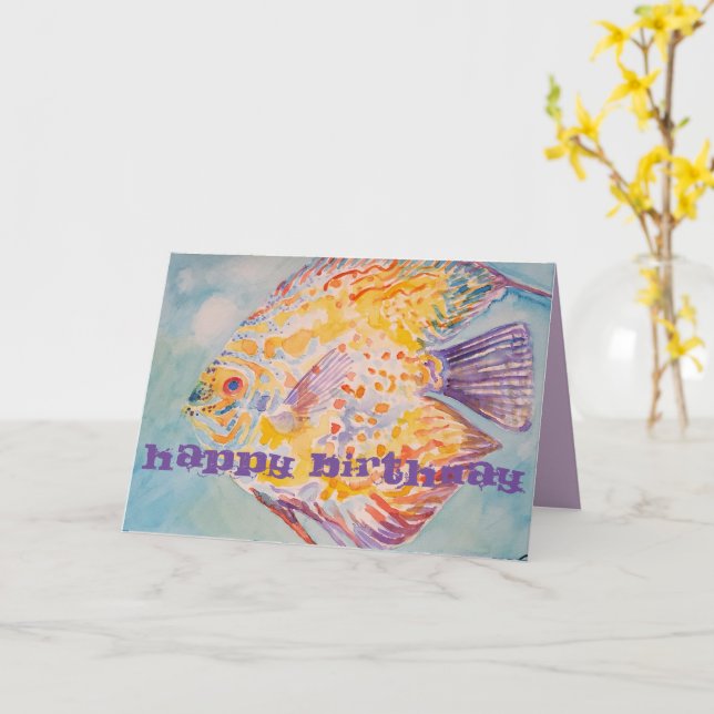 Rainbow Coloured Fish Watercolour Birthday Card (Yellow Flower)
