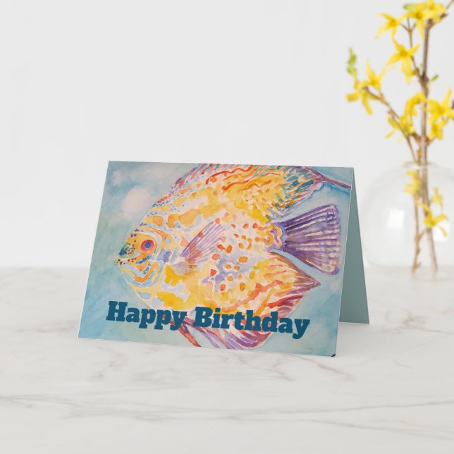 Rainbow Coloured Fish Watercolour Birthday Card (Yellow Flower)