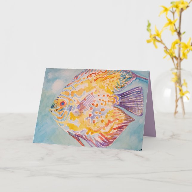 Rainbow Coloured Fish Watercolour Birthday Card (Yellow Flower)
